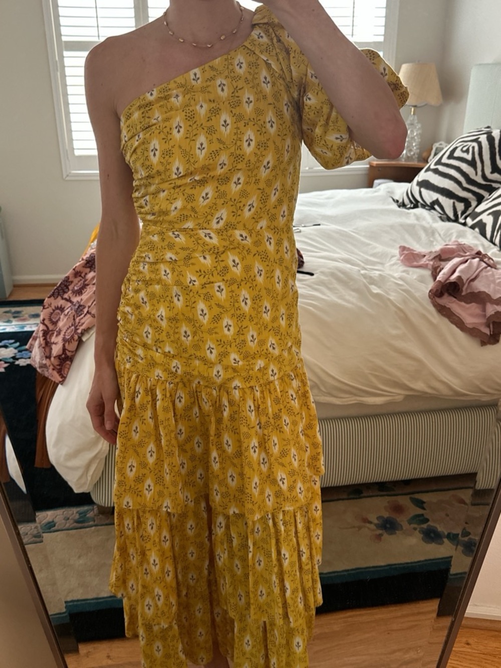 Veronica Beard Yellow One-Shoulder Floral Tiered Midi Dress